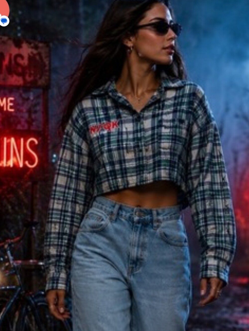 Netflix Green Plaid Cropped Button-Up Top - Women's